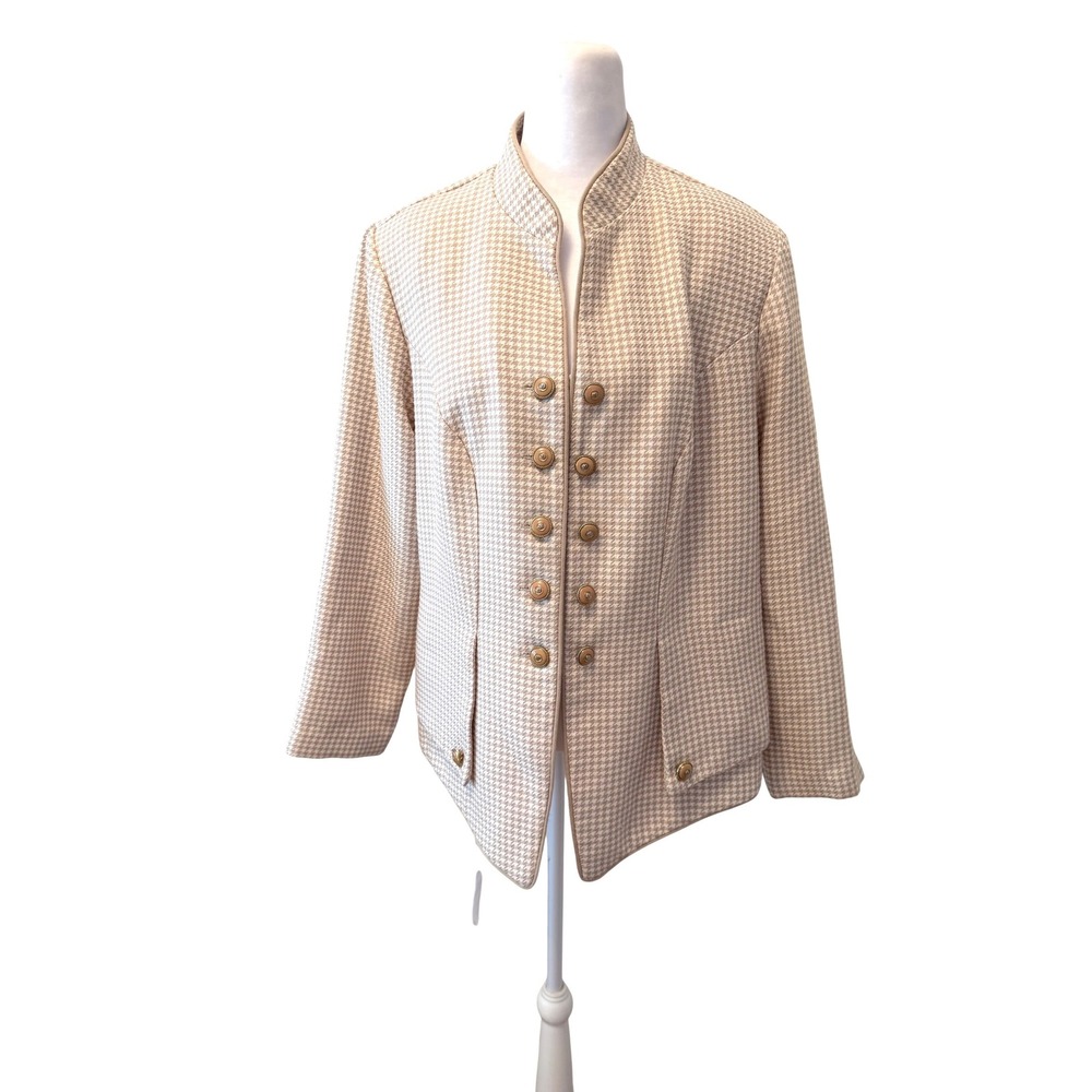 Vintage 70s Nehru Military Jacket‎ Houndstooth Mod Women L Rayon Blend